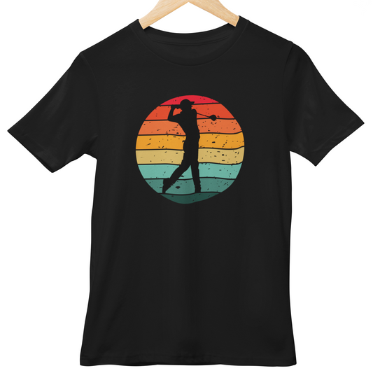 Black t-shirt with a colorful golf graphic on a hanger