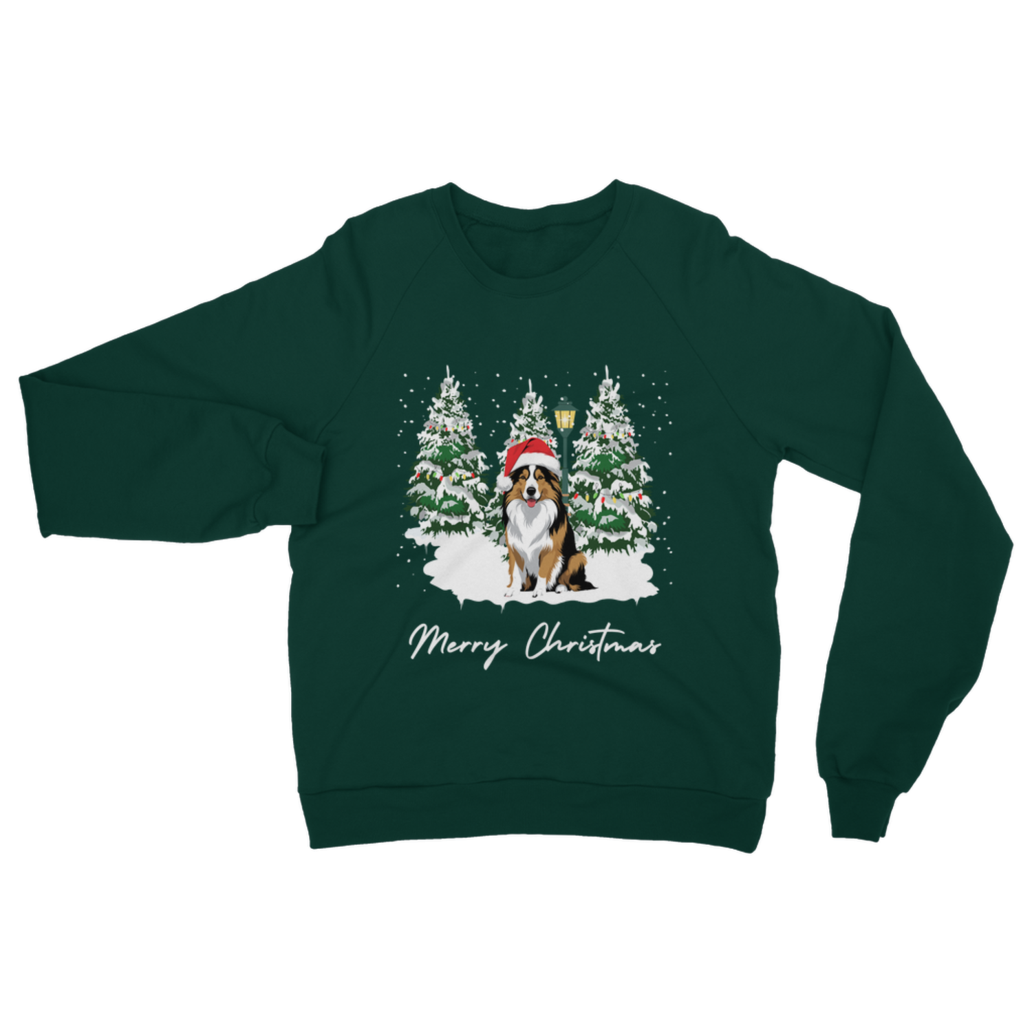 Dark green Christmas sweatshirt with rough collie dog in a Santa hat sitting between snowy Christmas trees and “Merry Christmas” text.