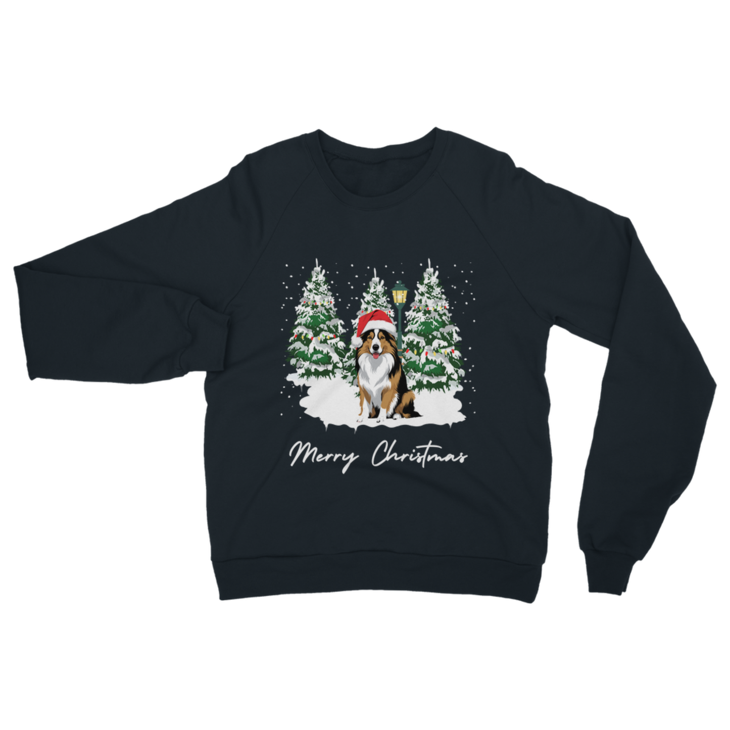 Navy Christmas sweatshirt with rough collie dog in a Santa hat sitting between snowy Christmas trees and “Merry Christmas” text.