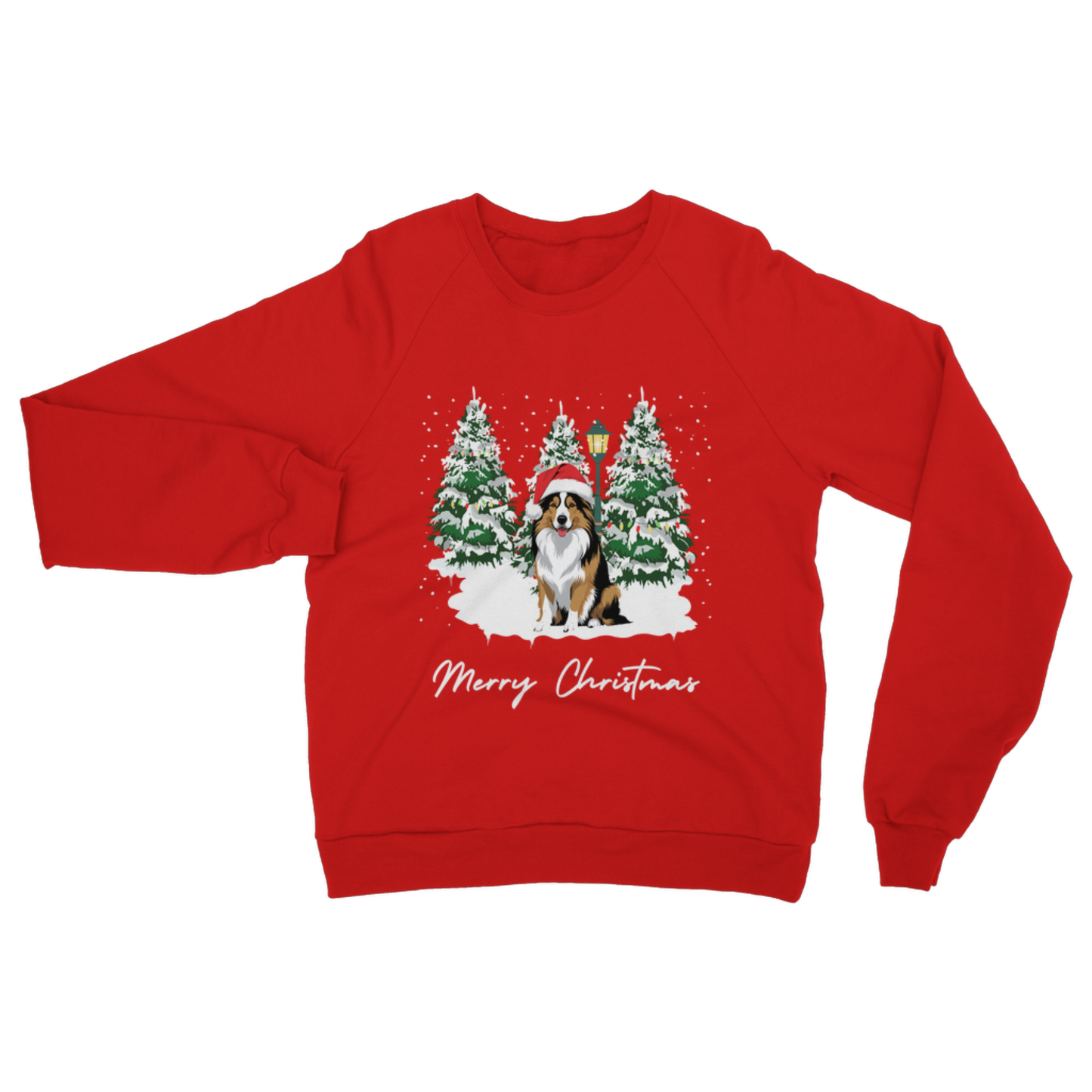 Red Christmas sweatshirt with rough collie dog in a Santa hat sitting between snowy Christmas trees and “Merry Christmas” text.