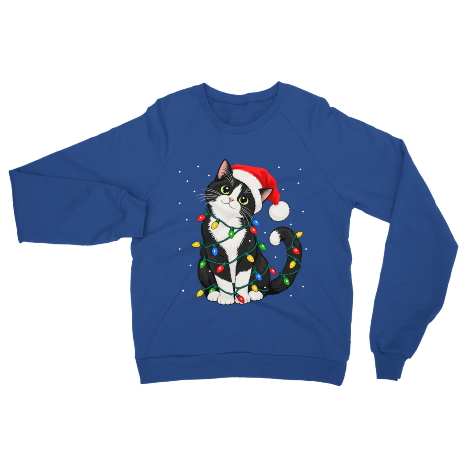 Royal blue adult crewneck sweatshirt featuring a black and white tuxedo cat wearing a Santa hat entwined with Christmas tree lights against a dark background.