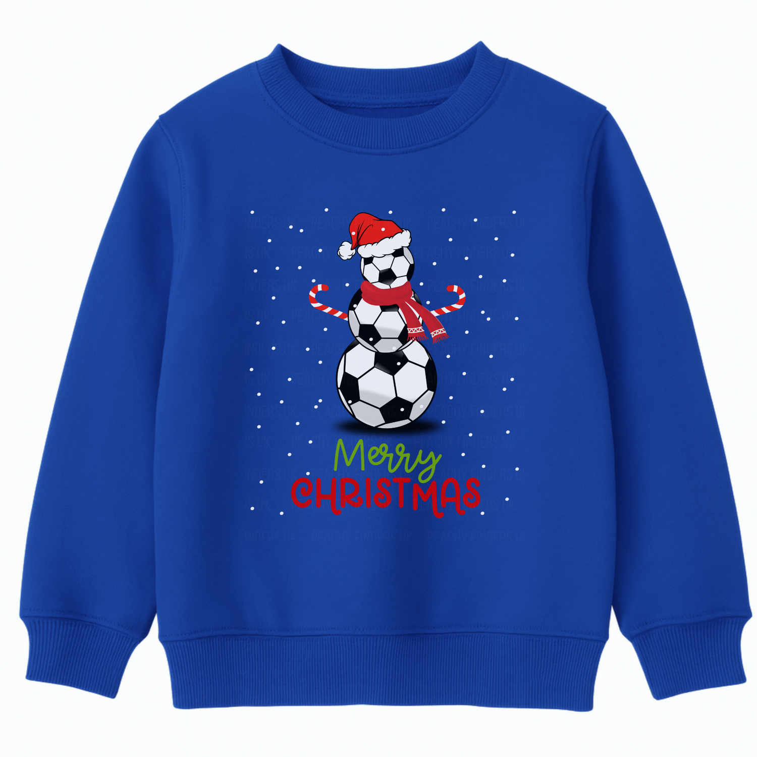 Kids royal blue Christmas sweatshirt featuring a festive snowman made of stacked footballs wearing a red Santa hat and scarf, candy cane arms, with falling snow and the text “Merry Christmas” in red and green beneath.