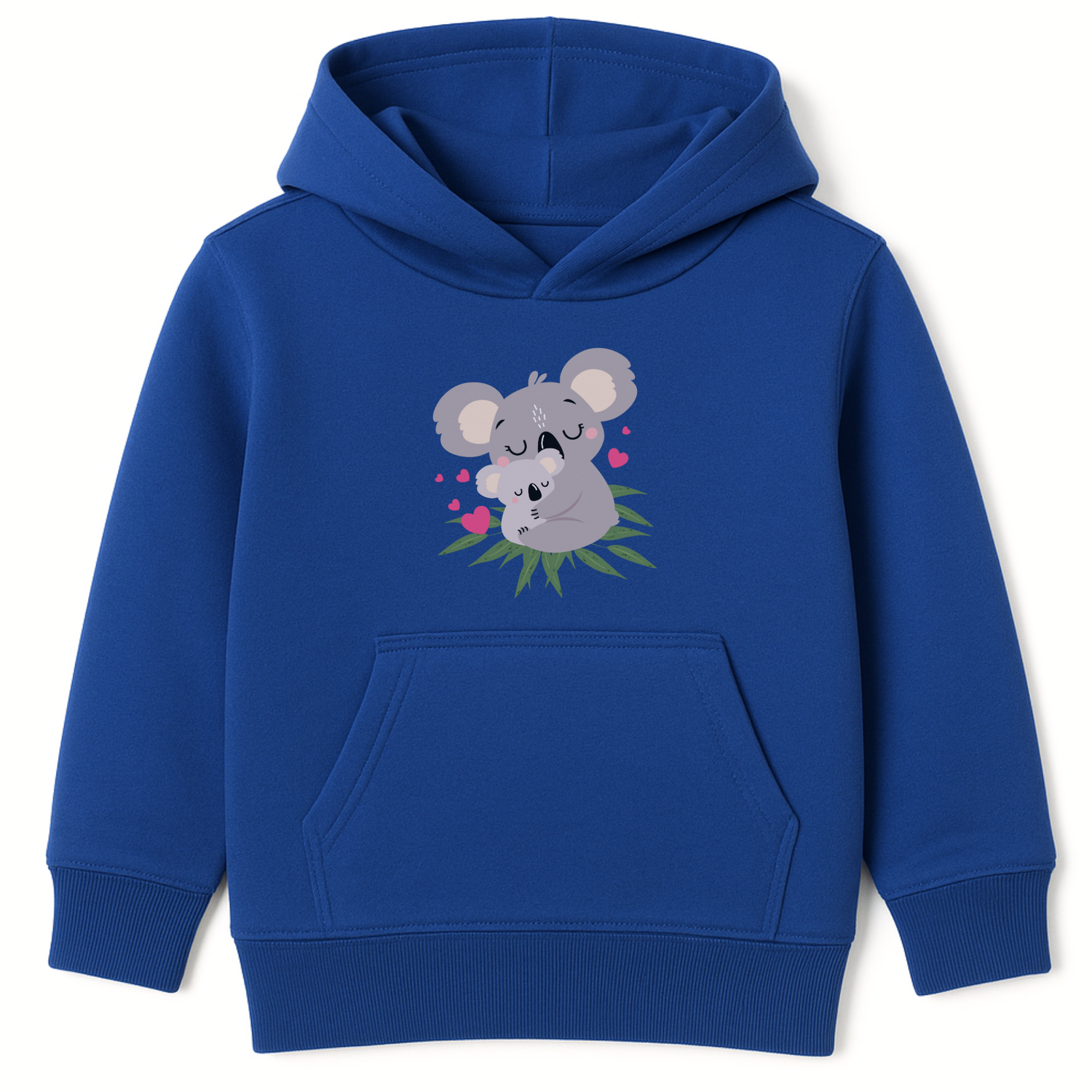 Kids Royal blue hoodie with a koala design on a white background