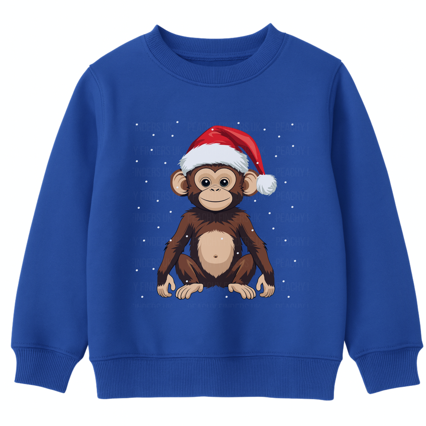 Kids royal blue Christmas sweatshirt featuring a cute monkey wearing a red Santa hat, sitting in snow with falling snowflakes - festive children’s jumper.