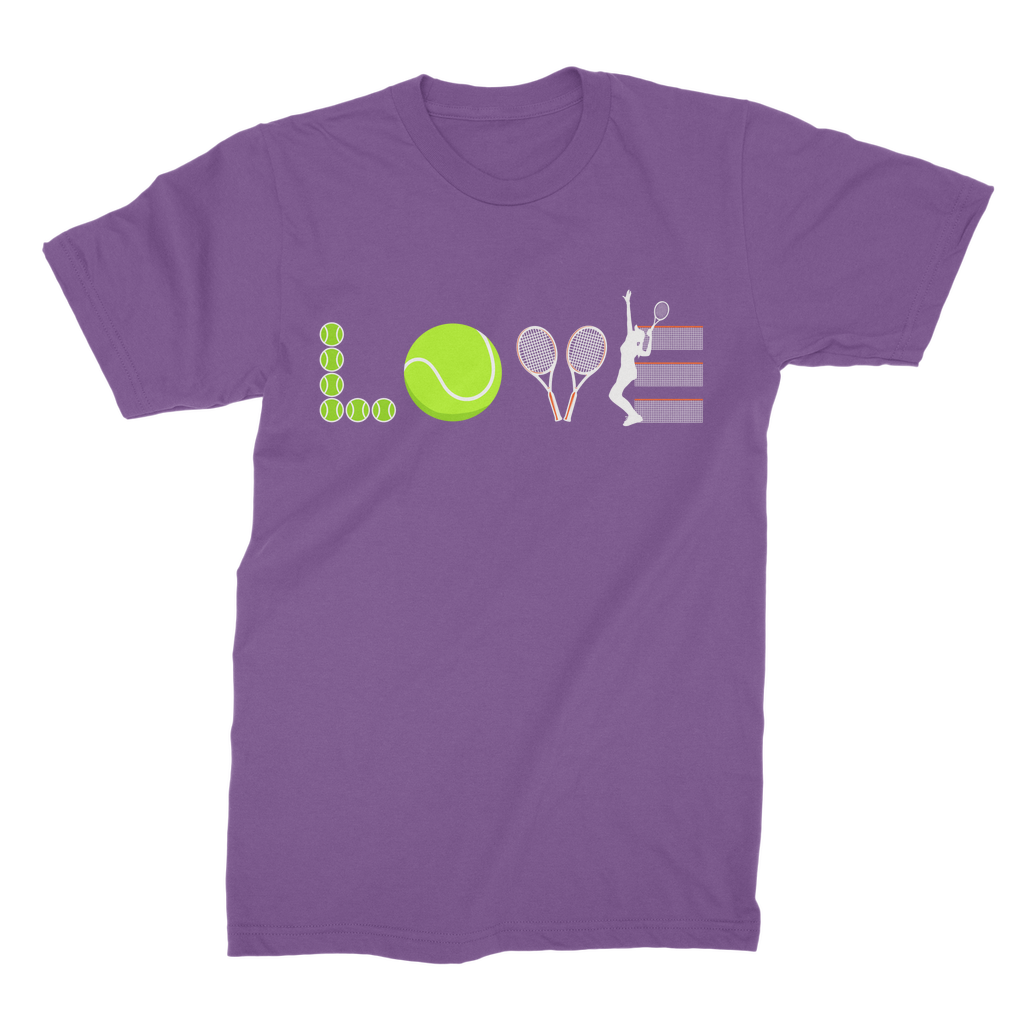 A purple women's t-shirt with a tennis-themed graphic print, featuring rackets, tennis balls, and nets.
