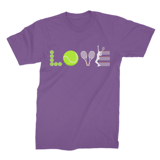 A purple women's t-shirt with a tennis-themed graphic print, featuring rackets, tennis balls, and nets.