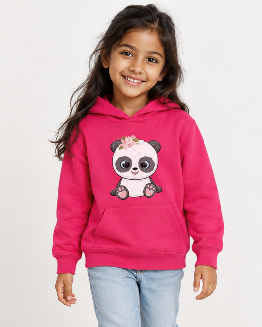 Six-year-old girl wearing a hot-pink floral panda hoodie with light-wash jeans.