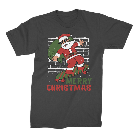 Adults black Christmas t-shirt with a skateboarding Santa graphic