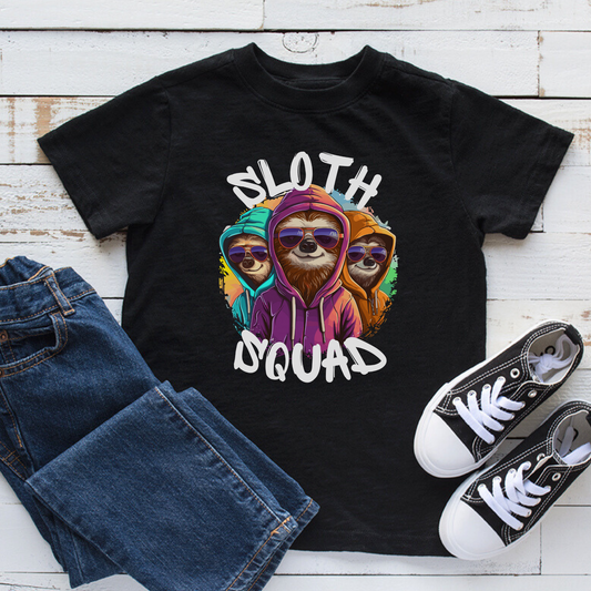 Flat lay of a black kids Sloth Squad T-shirt with three sloths in colourful hoodies and sunglasses, styled with jeans and black-and-white sneakers on a wooden background.