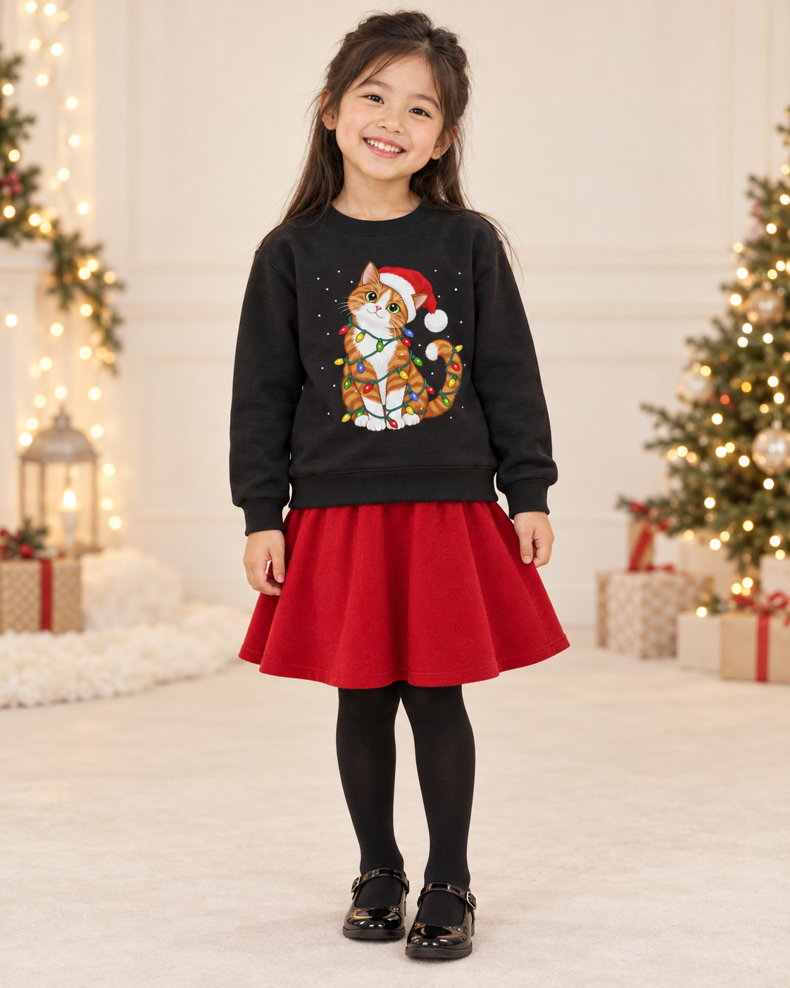 A smiling young girl standing indoors in front of a decorated Christmas tree, wearing a black kids' Christmas sweatshirt featuring a ginger cat in a Santa hat wrapped in festive fairy lights, paired with a bright red skirt, black tights, and shiny black shoes.