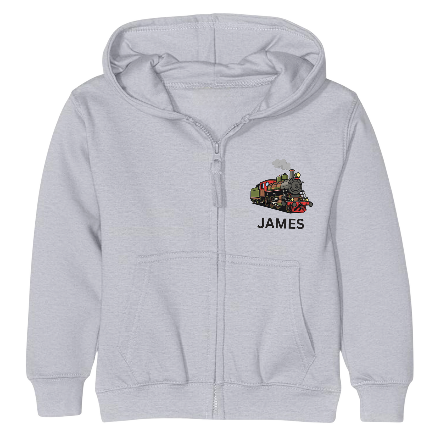 Kids heather grey personalised vintage steam train zip-up hoodie with name printed on left chest