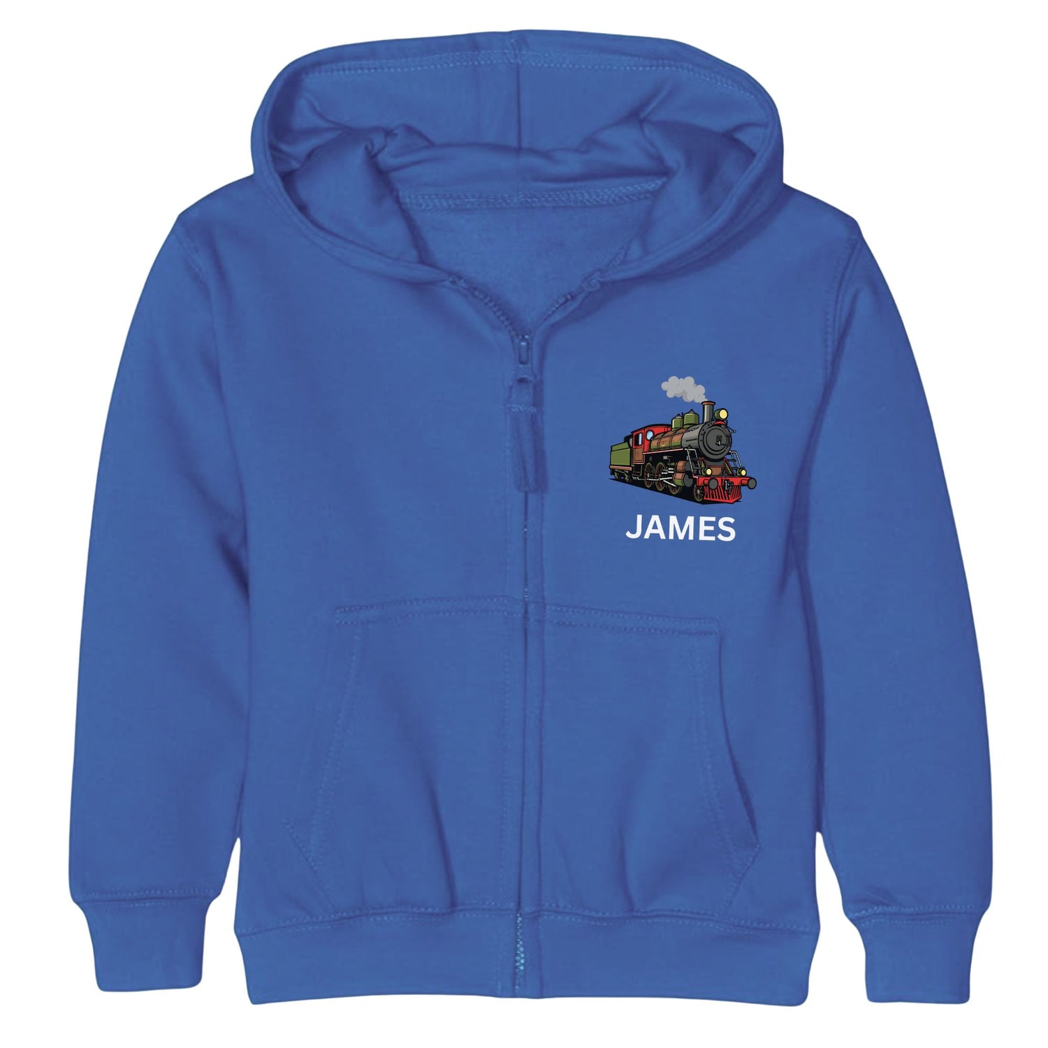 Kids royal blue personalised vintage steam train zip-up hoodie with name printed on left chest