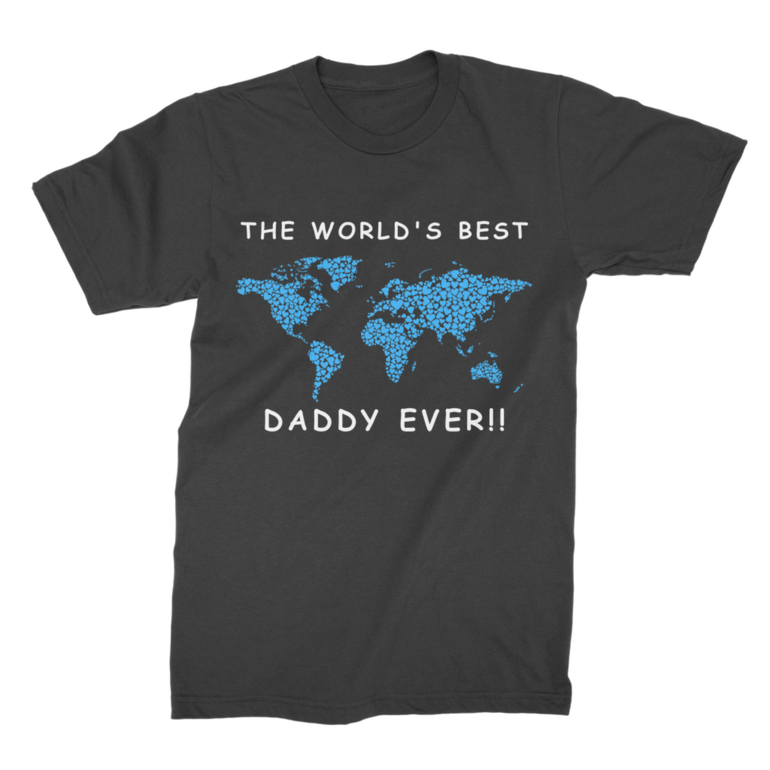 Flat lay Personalised “World’s Best Dad Ever” black cotton t-shirt with world map design