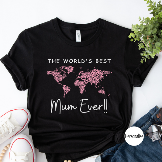 Black T-shirt with pink heart world map design and personalised ‘World’s Best Mum Ever’ text.