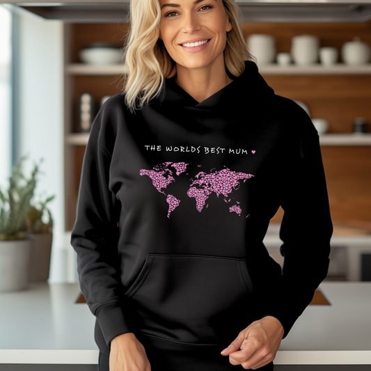 Women wears a black hoodie with a printed world made up of hearts and "The worlds best Mum"