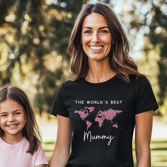 Woman wears a black t-shirt with pink heart world map design and personalised ‘World’s Best Mummy’ text."