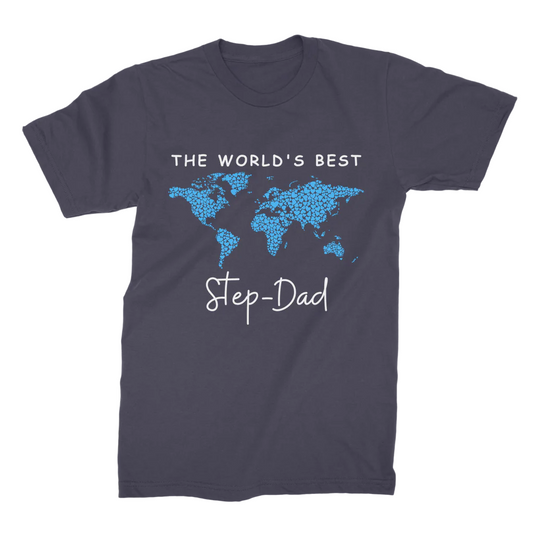 Personalised “The World’s Best Step-Dad” navy cotton t-shirt with world map design