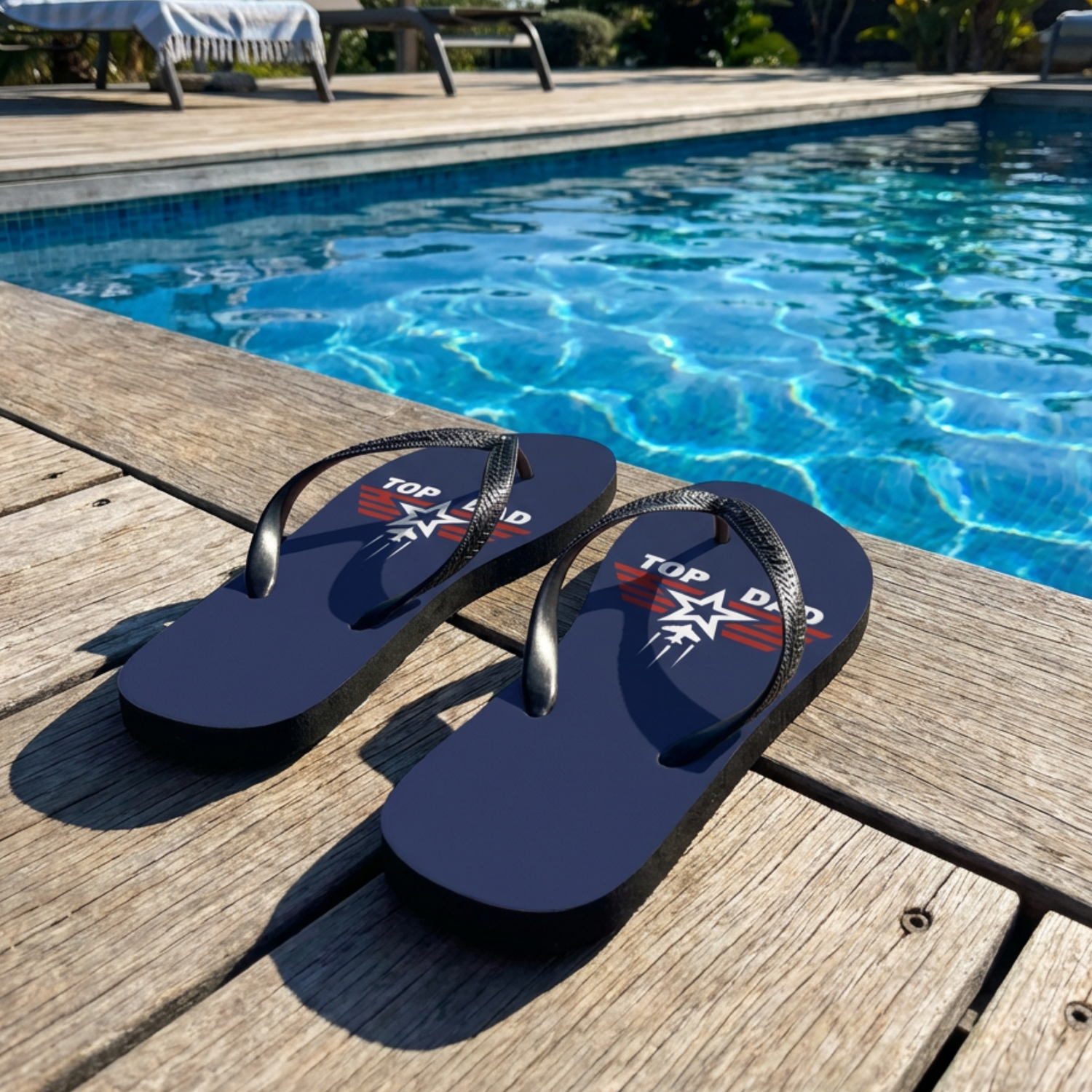 Top Dad navy flip flops with black straps on wooden poolside deck next to blue swimming pool