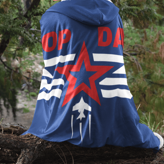 Navy blue "Top Dad" hooded blanket with airforce logo; red star and white stripes with fighter aircraft