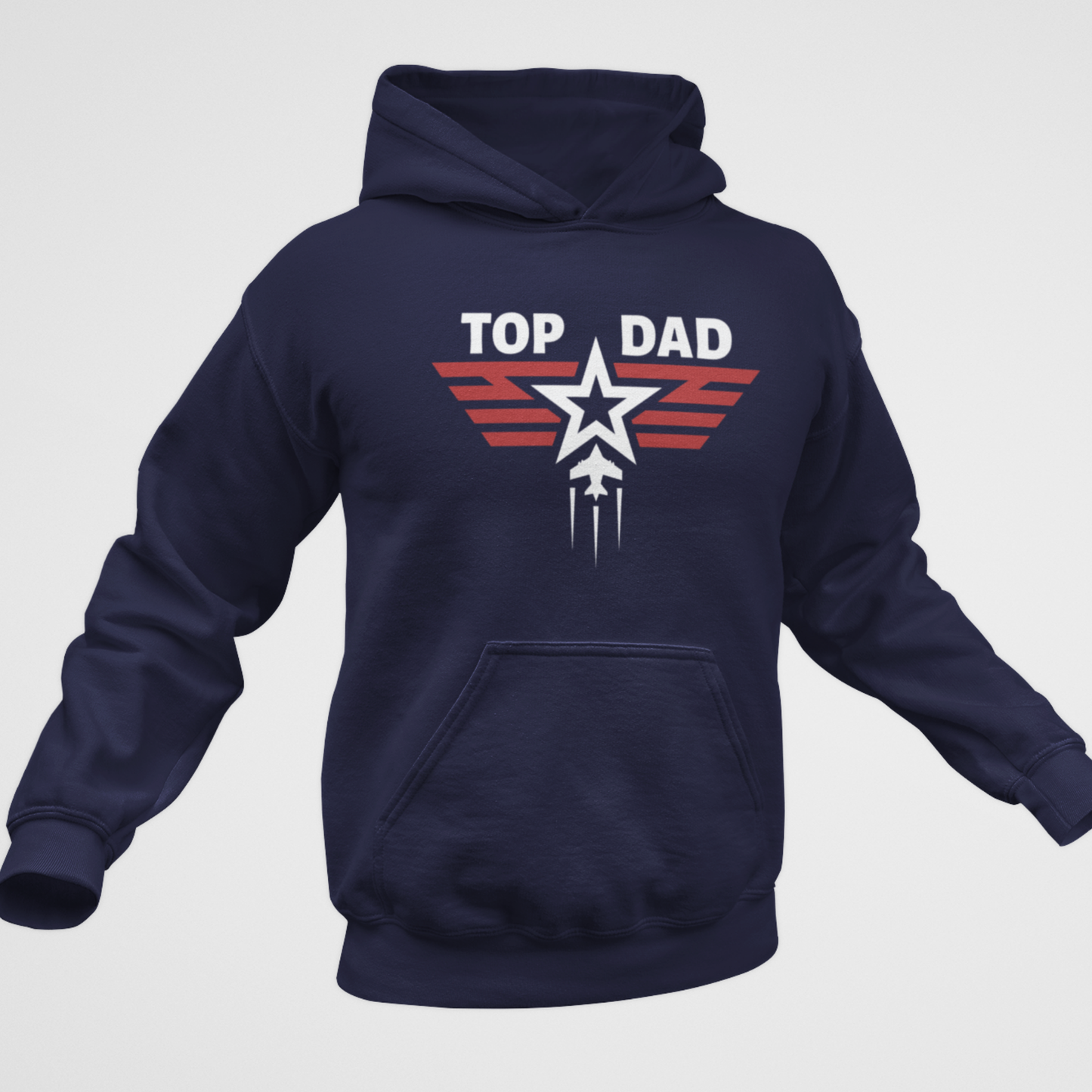 Navy blue hoodie with 'Top Dad' graphic on a light gray background