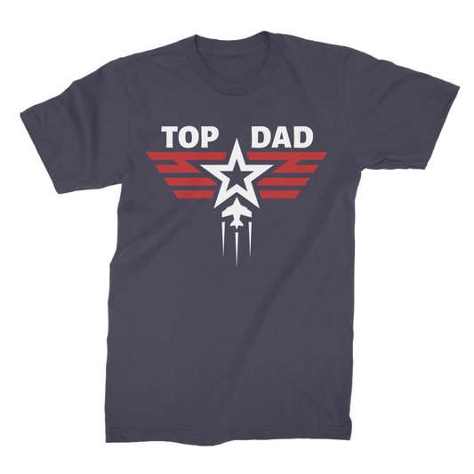 A navy-colored men's t-shirt with the text 'TOP DAD' printed on the front, accompanied by a star and wings graphic.