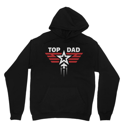 A men's black pullover hoodie with 'TOP DAD' text and a star and fighter jet graphic on the front.