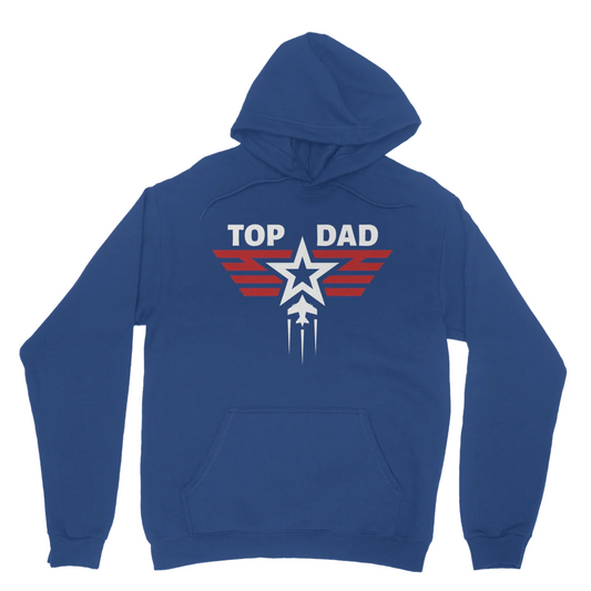 A blue pullover hoodie with 'TOP DAD' text and a star graphic on the front.