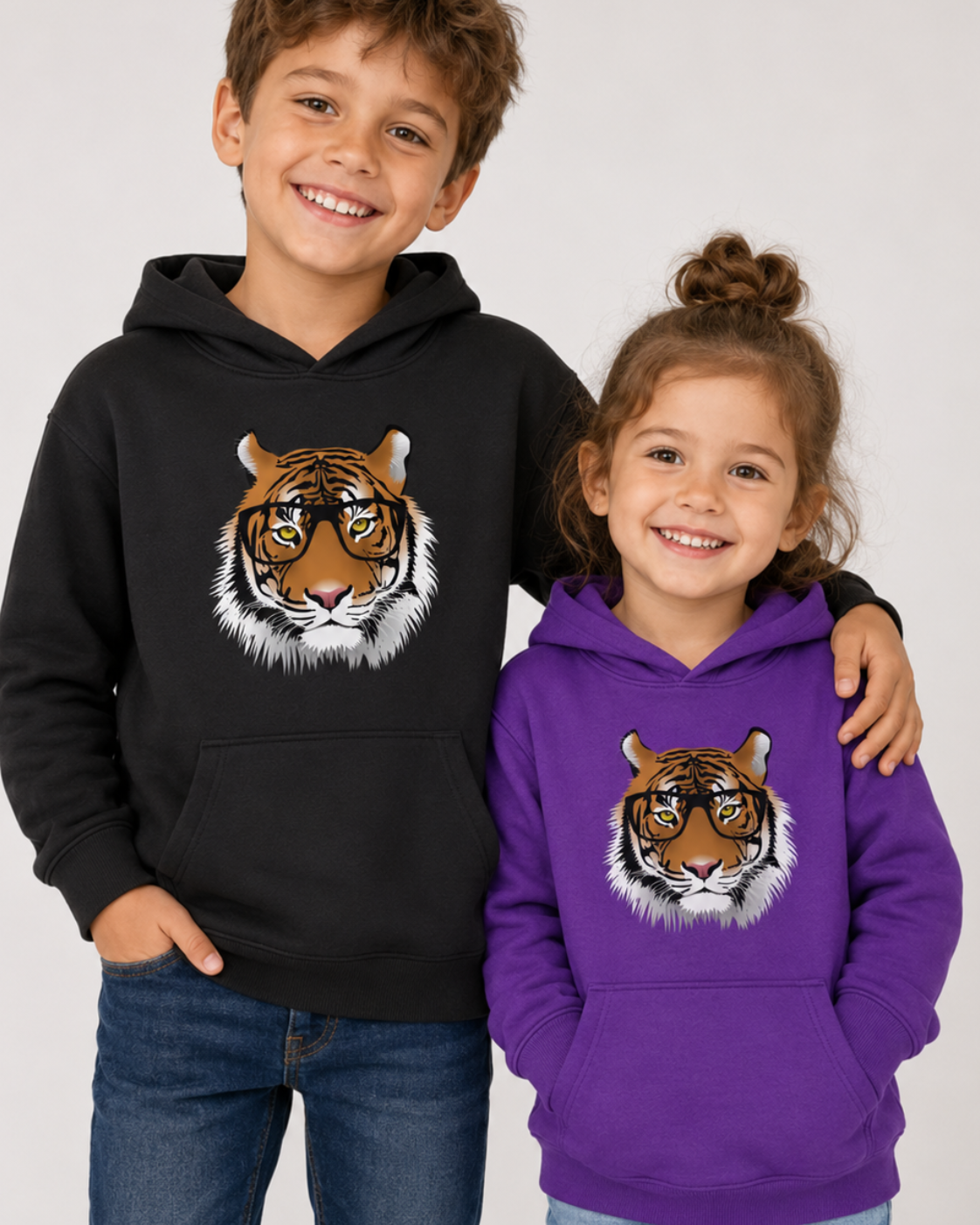 Two children modelling matching hoodies with a tiger face graphic. The boy wears a black hoodie, and the girl wears a purple hoodie, both featuring a large orange and white tiger wearing glasses design on the chest.