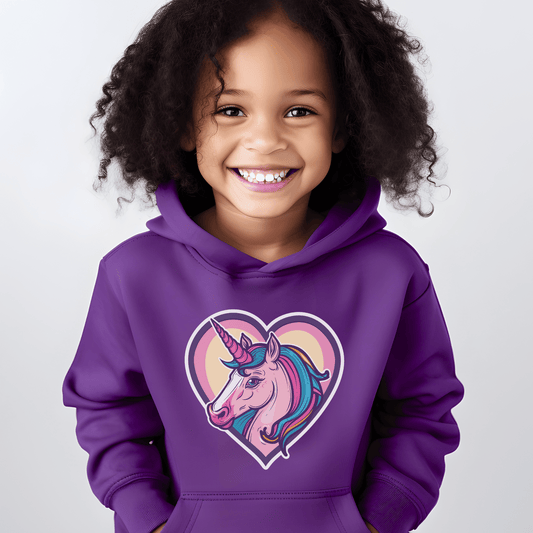 Kids purple hoodie with a printed Unicorn heart design graphic