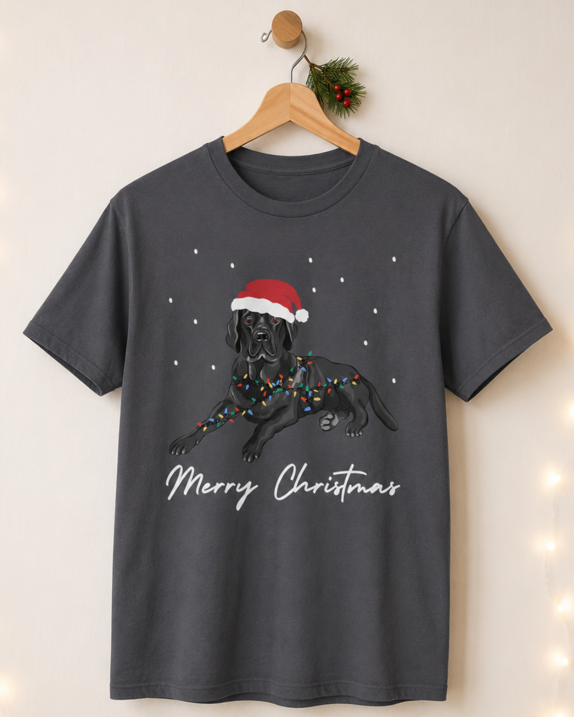 Adults dark grey crewneck t-shirt hanging on a wooden hanger against a warm beige wall with decorative string lights. The shirt features a graphic of a black Labrador wearing a red Santa hat and Christmas lights, with 'Merry Christmas' written in white script below.