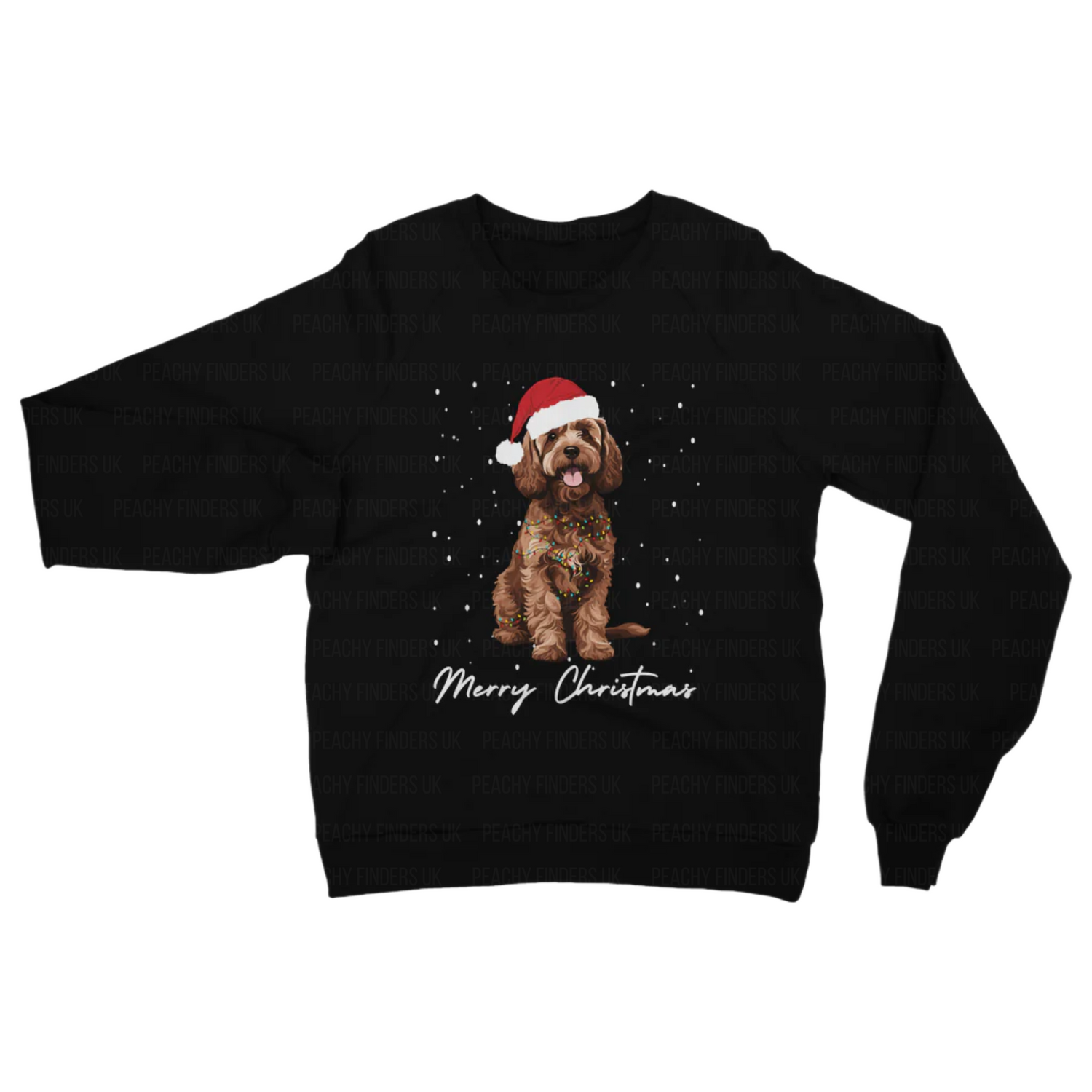 Adults black Christmas-themed sweatshirt with a brown cockapoo wearing a Santa hat, wrapped in fairy lights and 'Merry Christmas' text.