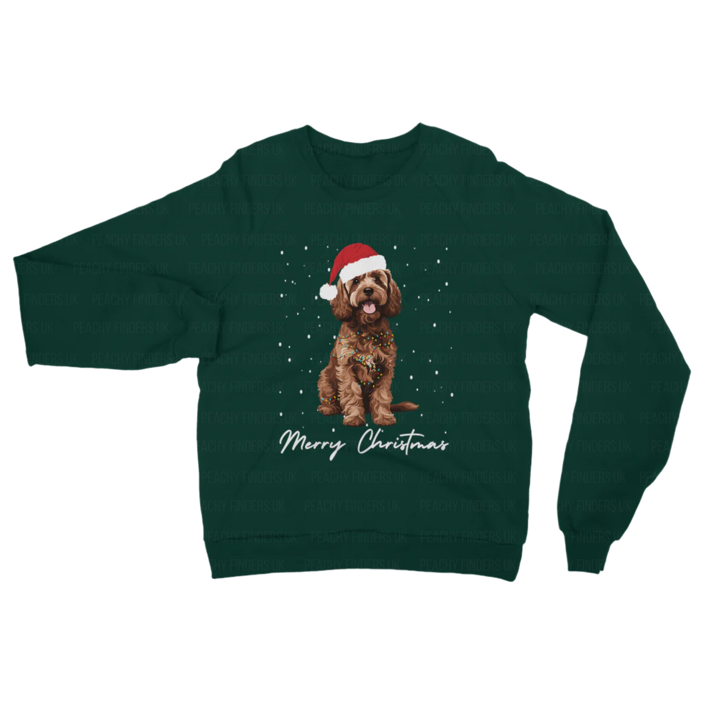 Adults dark green Christmas-themed sweatshirt with a brown cockapoo wearing a Santa hat, wrapped in fairy lights and 'Merry Christmas' text.