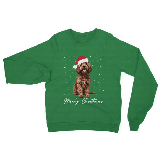 Adults green Christmas-themed sweatshirt with a brown cockapoo wearing a Santa hat, wrapped in fairy lights and 'Merry Christmas' text.