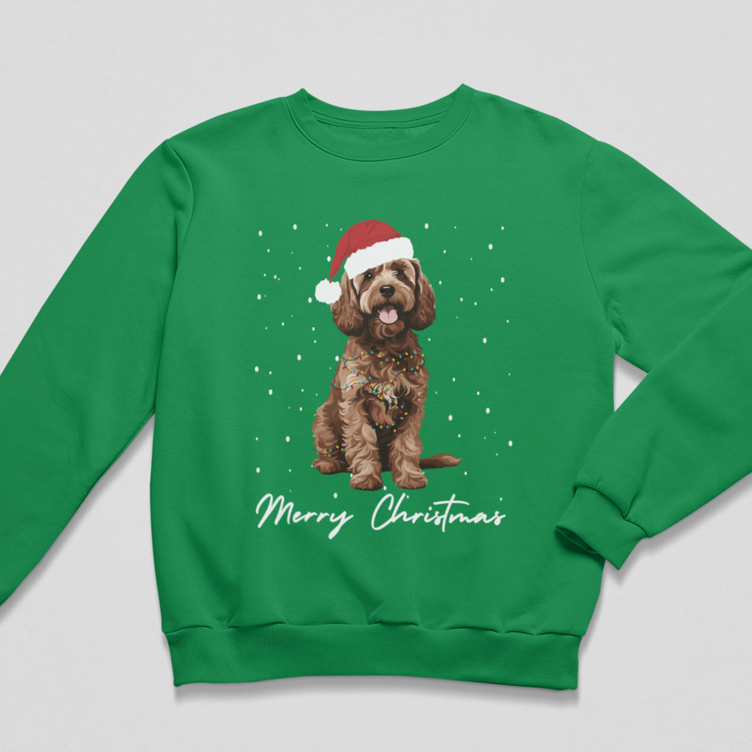 Bright green adult Christmas sweatshirt with brown Cockapoo wrapped in festive lights, wearing a red Santa hat.