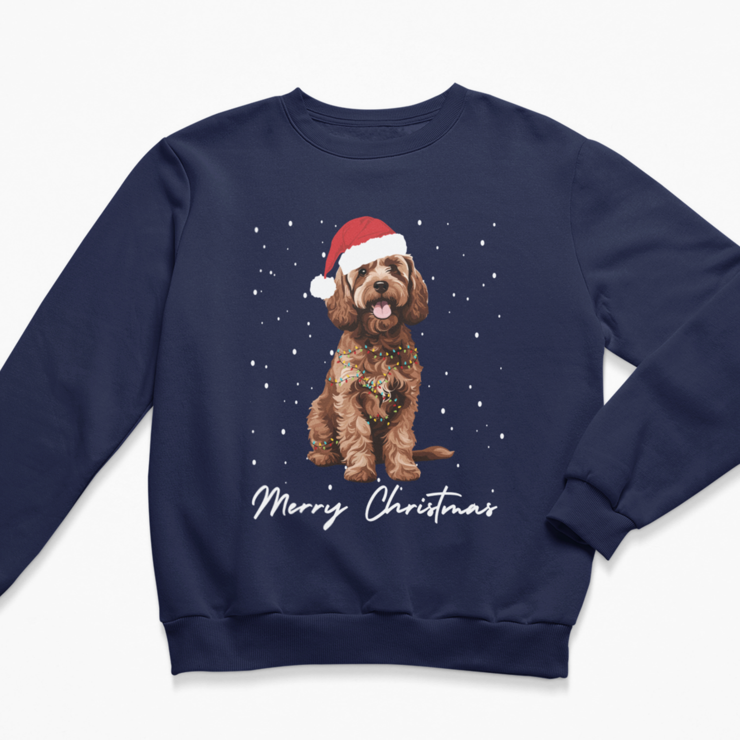 Navy blue adult Christmas sweatshirt featuring a brown Cockapoo in a Santa hat with snow and Merry Christmas script.