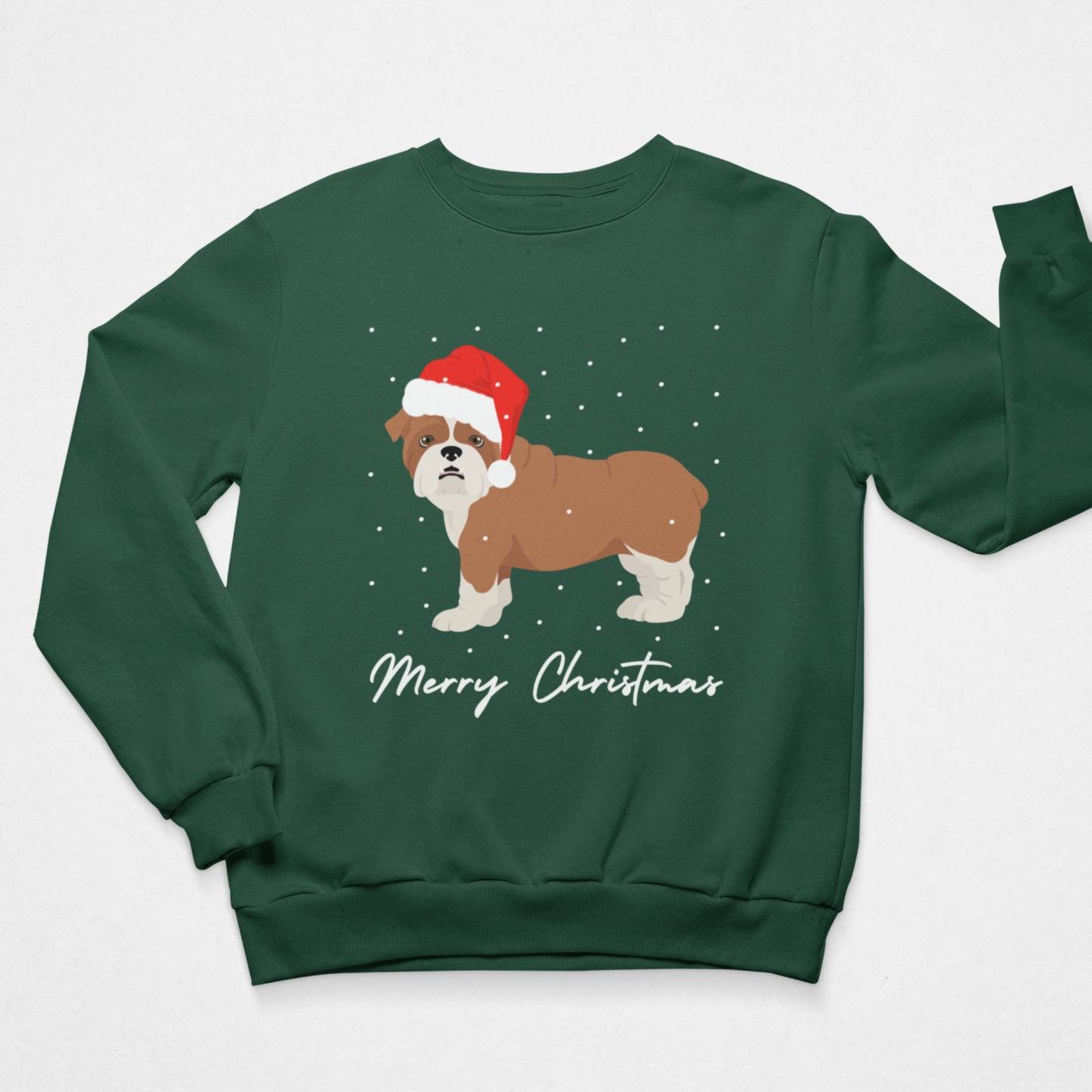 A dark green crewneck sweatshirt featuring a graphic of a brown and white bulldog wearing a red Santa hat, surrounded by white snowflakes, with 'Merry Christmas' written in white script below. The sweatshirt is displayed flat against a light grey background.