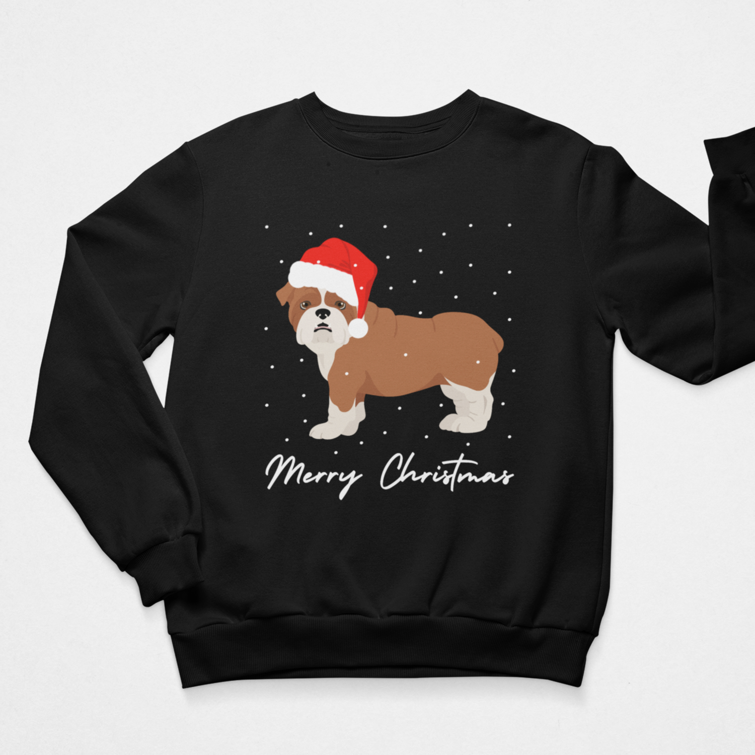 Adults black crewneck sweatshirt featuring a graphic of a brown and white bulldog wearing a red Santa hat, with 'Merry Christmas' written in white script below, displayed on a light grey background.