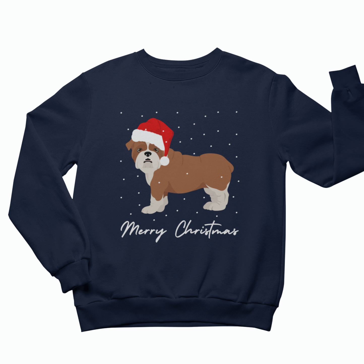Men and women's navy blue crewneck sweatshirt featuring a graphic of a brown and white bulldog wearing a red Santa hat, with 'Merry Christmas' written in white script below, shown on a plain white background.