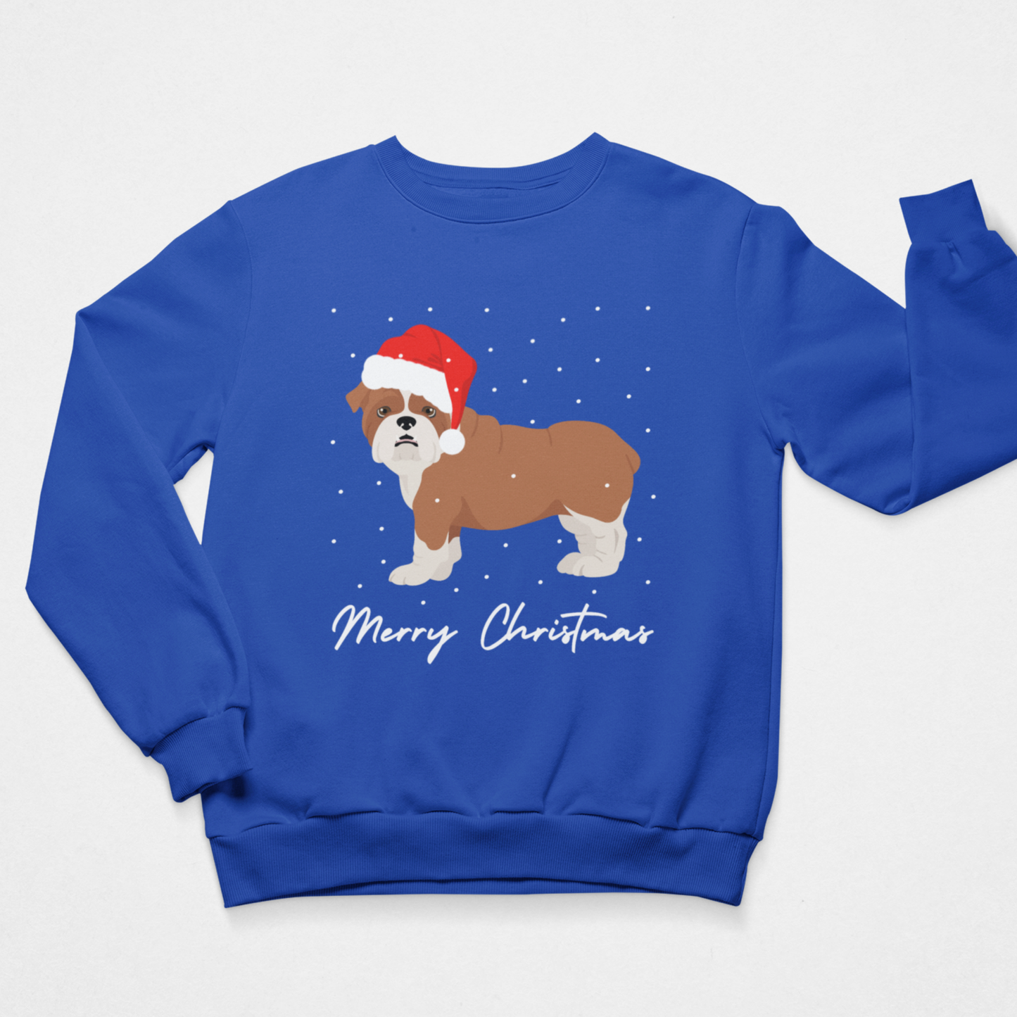 Adults royal blue crewneck sweatshirt featuring a graphic of a brown and white bulldog wearing a red Santa hat, with 'Merry Christmas' written in white script below, displayed on a light grey background.