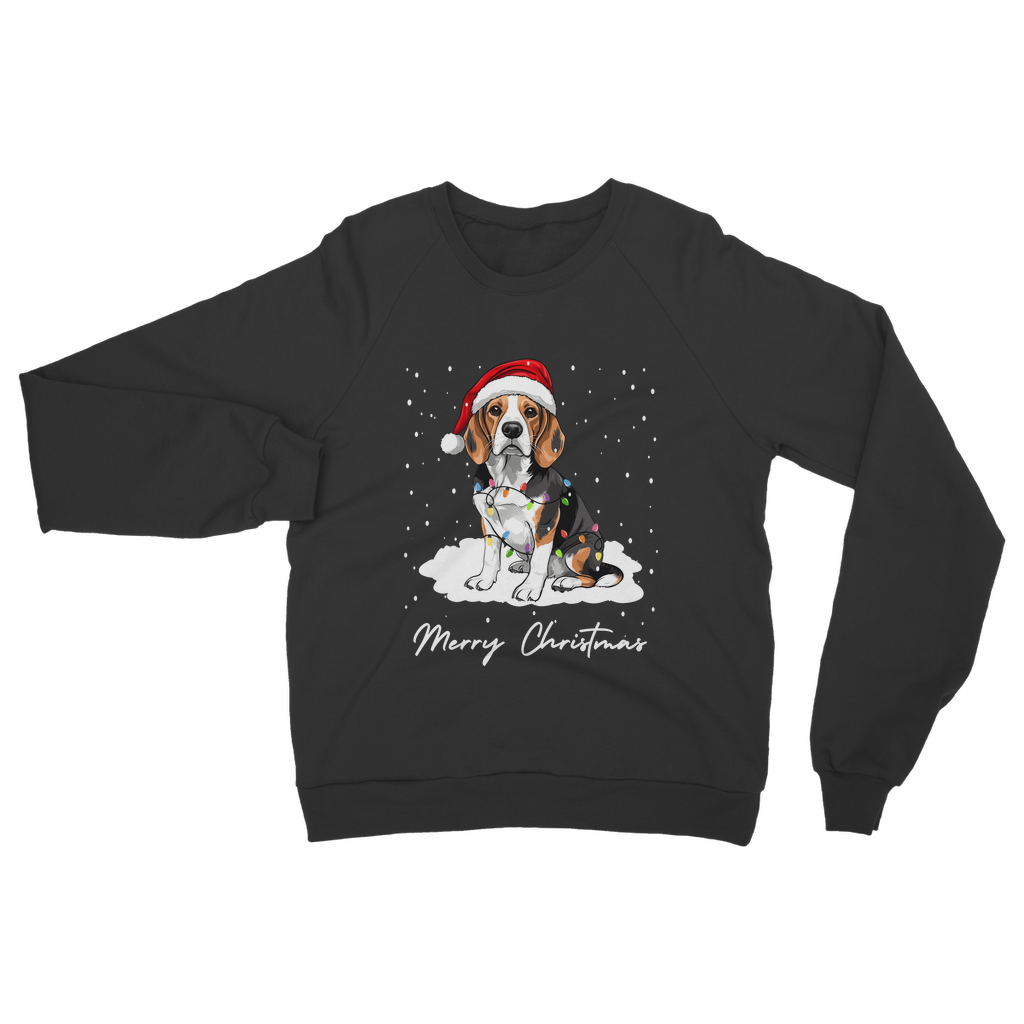 Adults black Christmas jumper featuring a beagle wearing a Santa hat and wrapped in colourful fairy lights, sitting on snow with “Merry Christmas”.