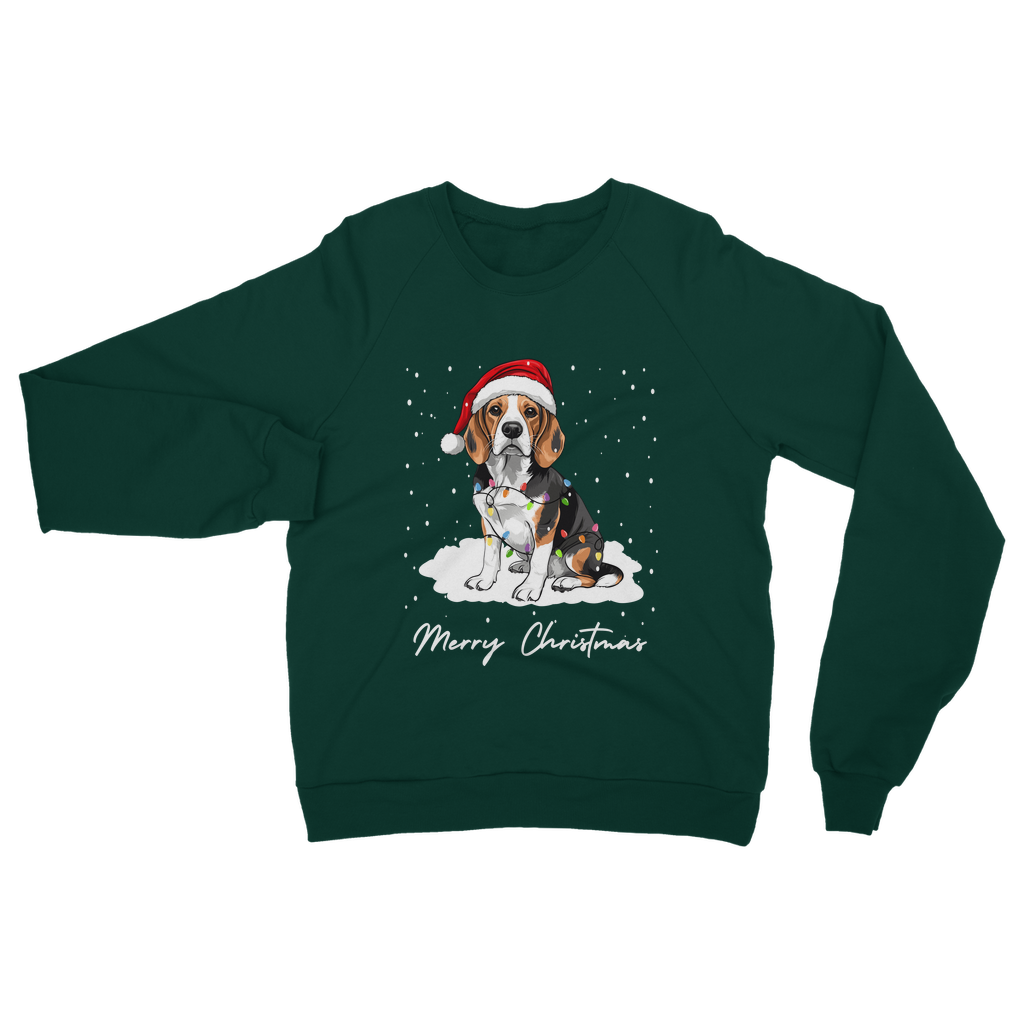 Adults dark green Christmas jumper featuring a beagle wearing a Santa hat and wrapped in colourful fairy lights, sitting on snow with “Merry Christmas”.