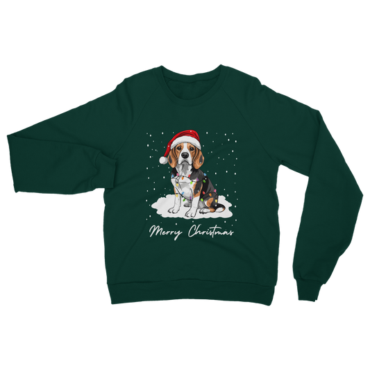 Adults dark green Christmas jumper featuring a beagle wearing a Santa hat and wrapped in colourful fairy lights, sitting on snow with “Merry Christmas”.