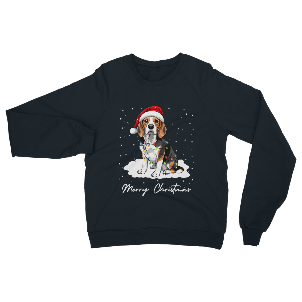 Adults navy Christmas jumper featuring a beagle wearing a Santa hat and wrapped in colourful fairy lights, sitting on snow with “Merry Christmas”.