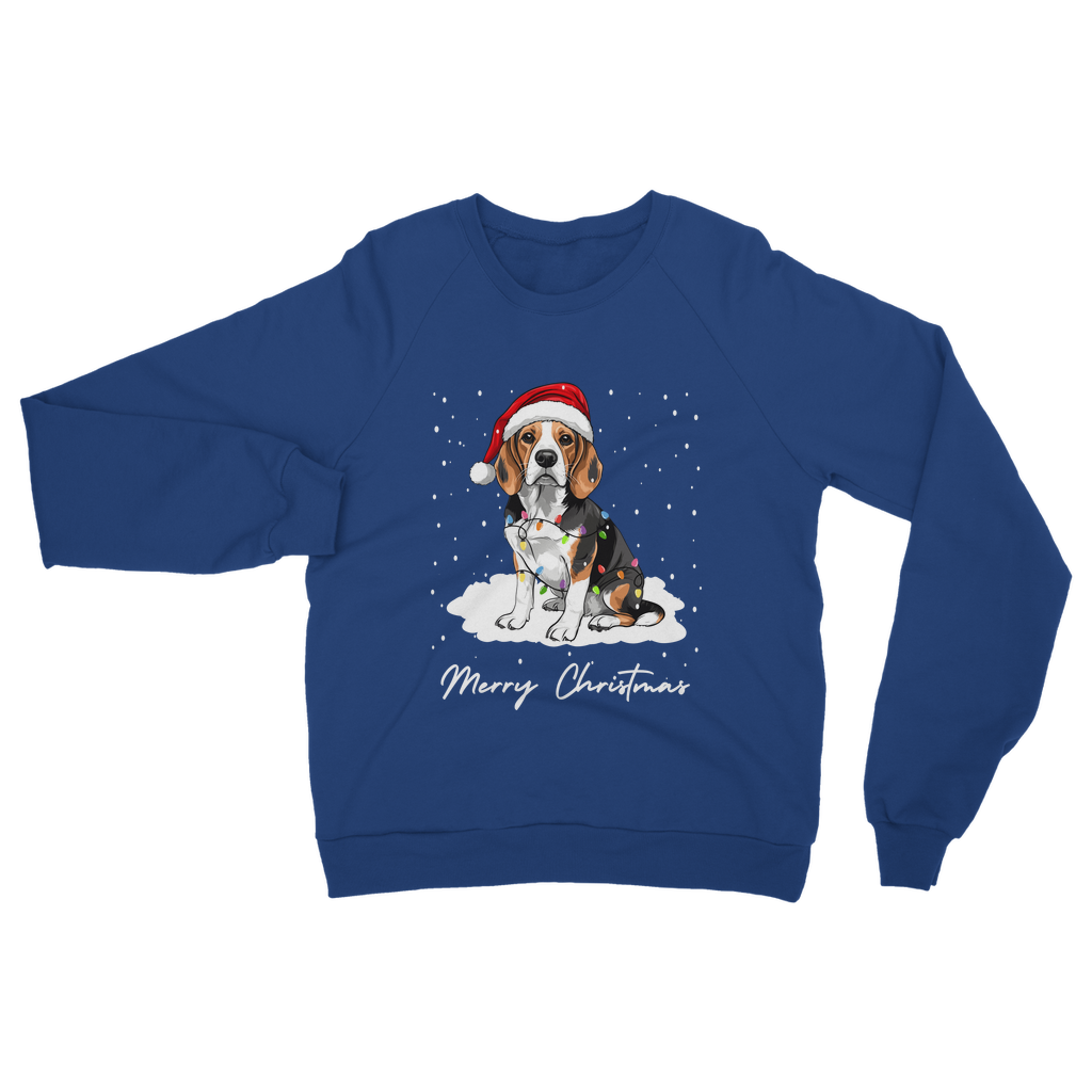 Adults royal blue Christmas jumper featuring a beagle wearing a Santa hat and wrapped in colourful fairy lights, sitting on snow with “Merry Christmas”.