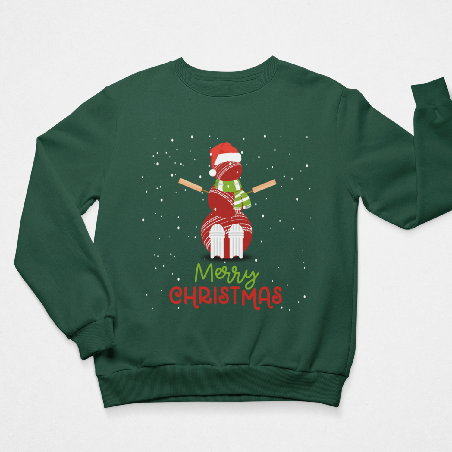 Dark Green adult Christmas jumper with cricket ball snowman in Santa hat, scarf, bats for arms and Merry Christmas print