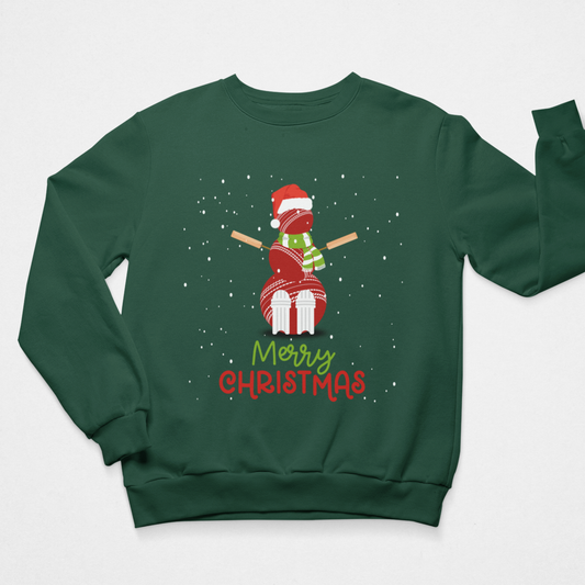 Dark Green adult Christmas jumper with cricket ball snowman in Santa hat, scarf, bats for arms and Merry Christmas print