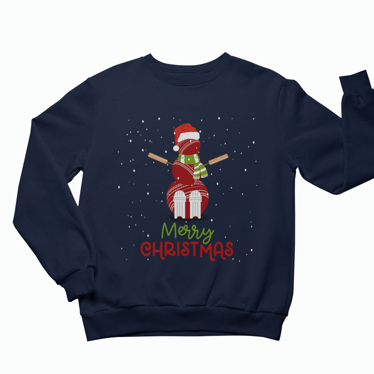 Men's navy blue crewneck sweatshirt featuring a festive graphic of a cricket ball snowman with the text 'Merry Christmas' written below, displayed on a clean white background.