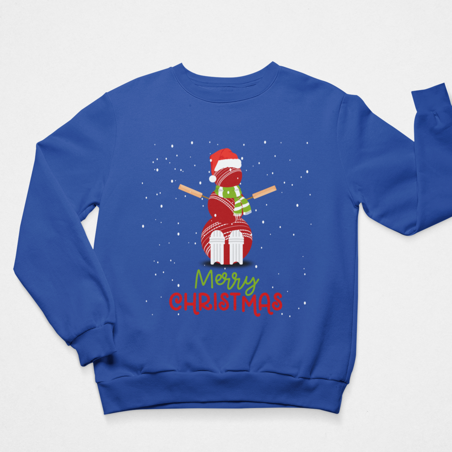 Men's Royal blue Christmas jumper with cricket ball snowman in Santa hat and scarf with Merry Christmas wording