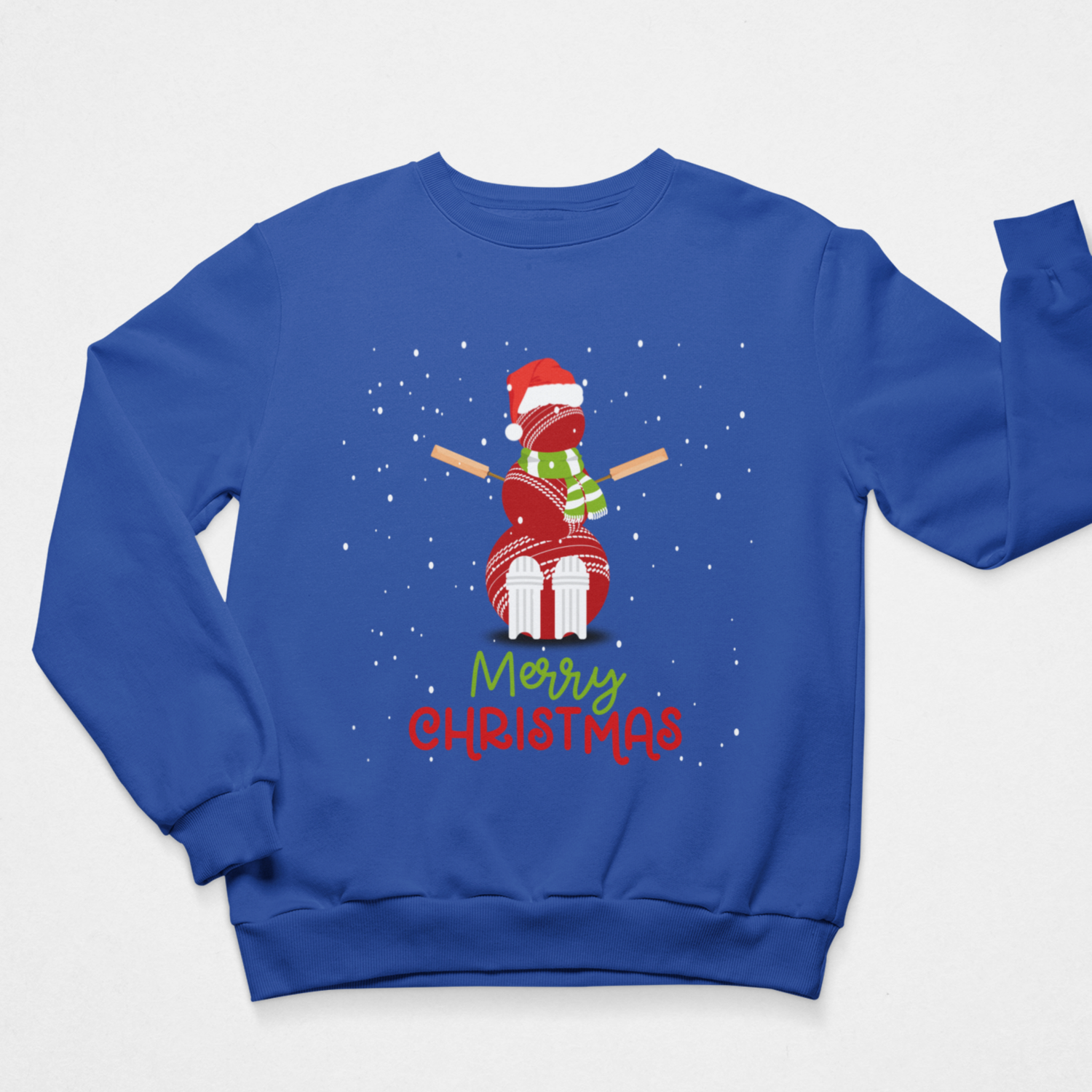 Men's Royal blue Christmas jumper with cricket ball snowman in Santa hat and scarf with Merry Christmas wording