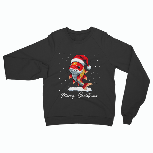 Men's black Christmas sweatshirt featuring a colourful koi carp wearing a Santa hat, surrounded by falling snow and the words “Merry Christmas” printed underneath.